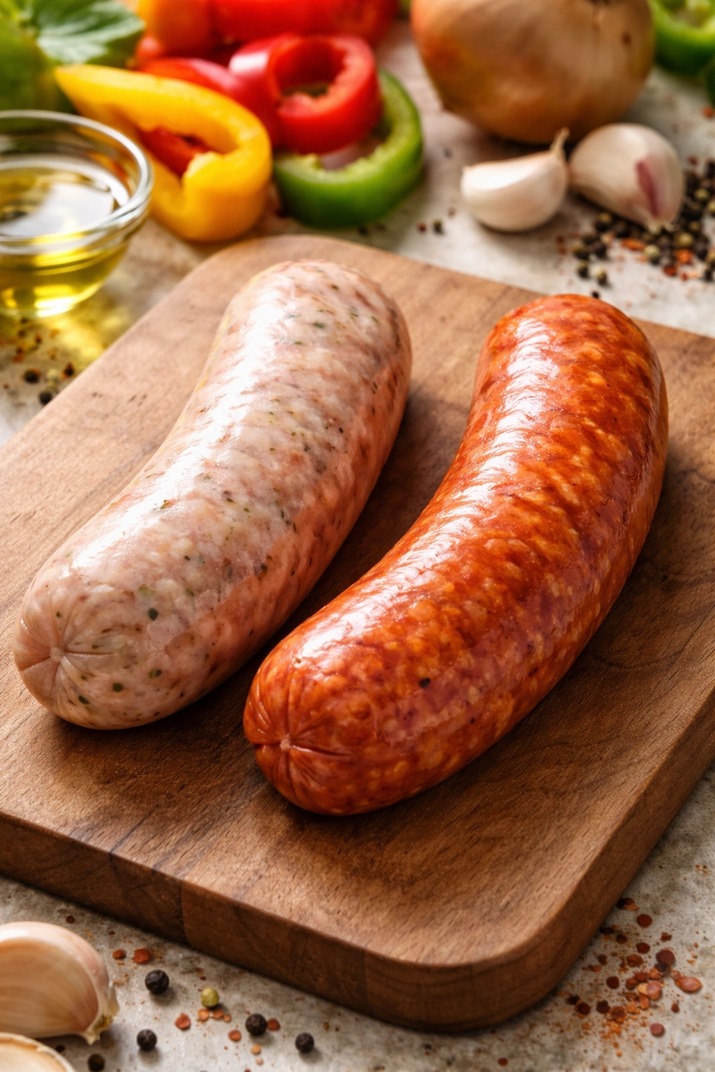 Two Italian sausage links, pale and reddish-brown, showing color difference