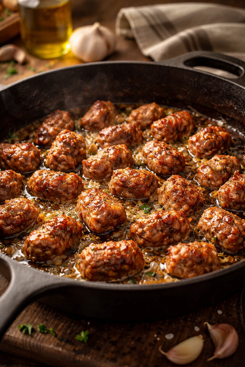 Close-up of browned Italian sausage in a cast-iron skillet with rendered fat