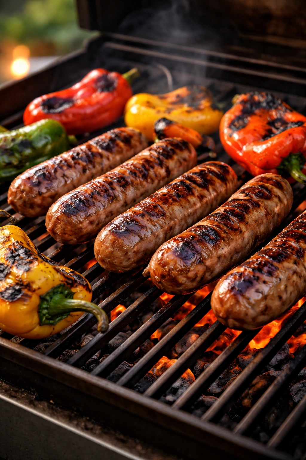 Grilled Italian sausages with charred peppers on the grill