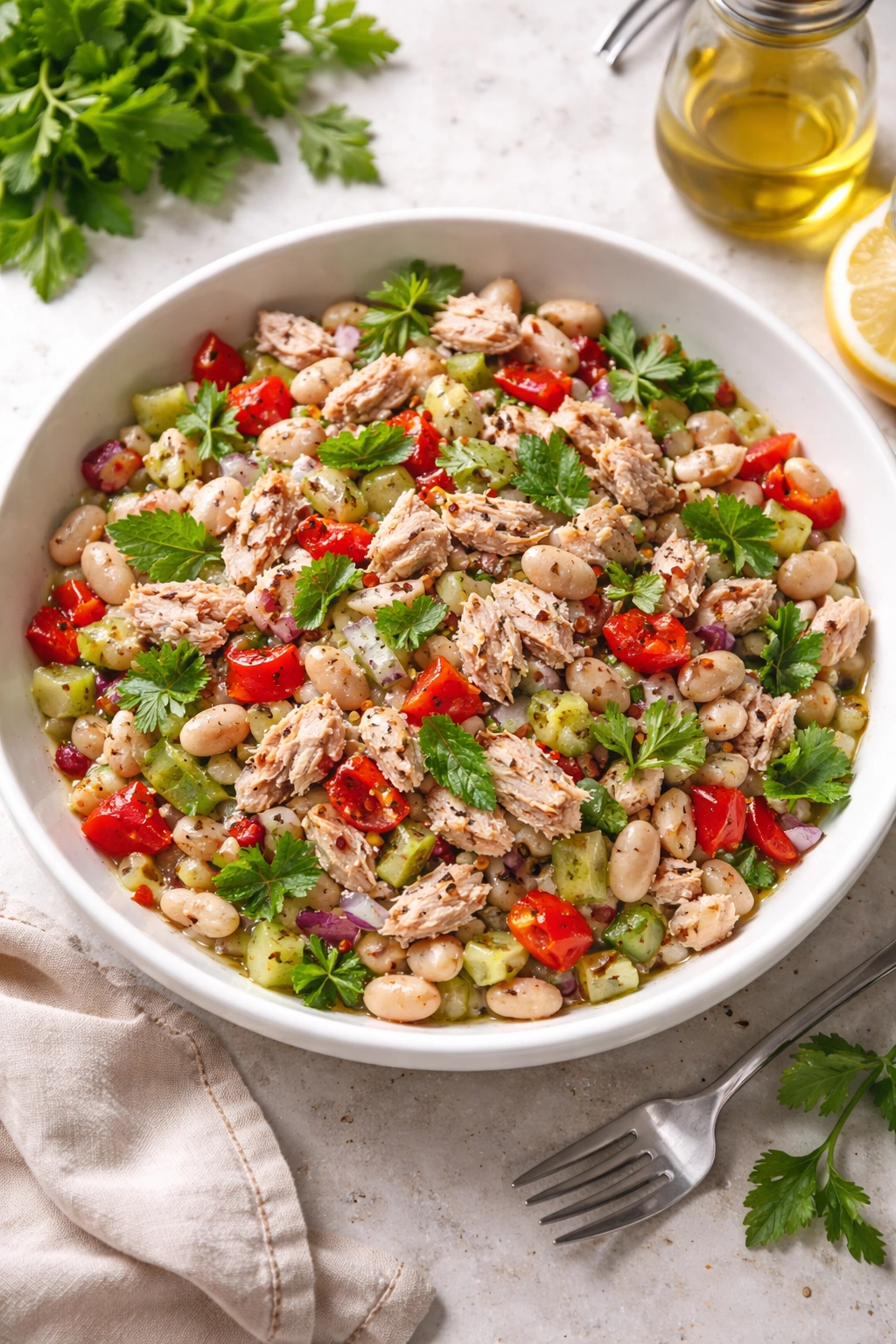 Close-up of Italian tuna white bean salad with tuna flakes, white beans, red onion, celery, and peppers.