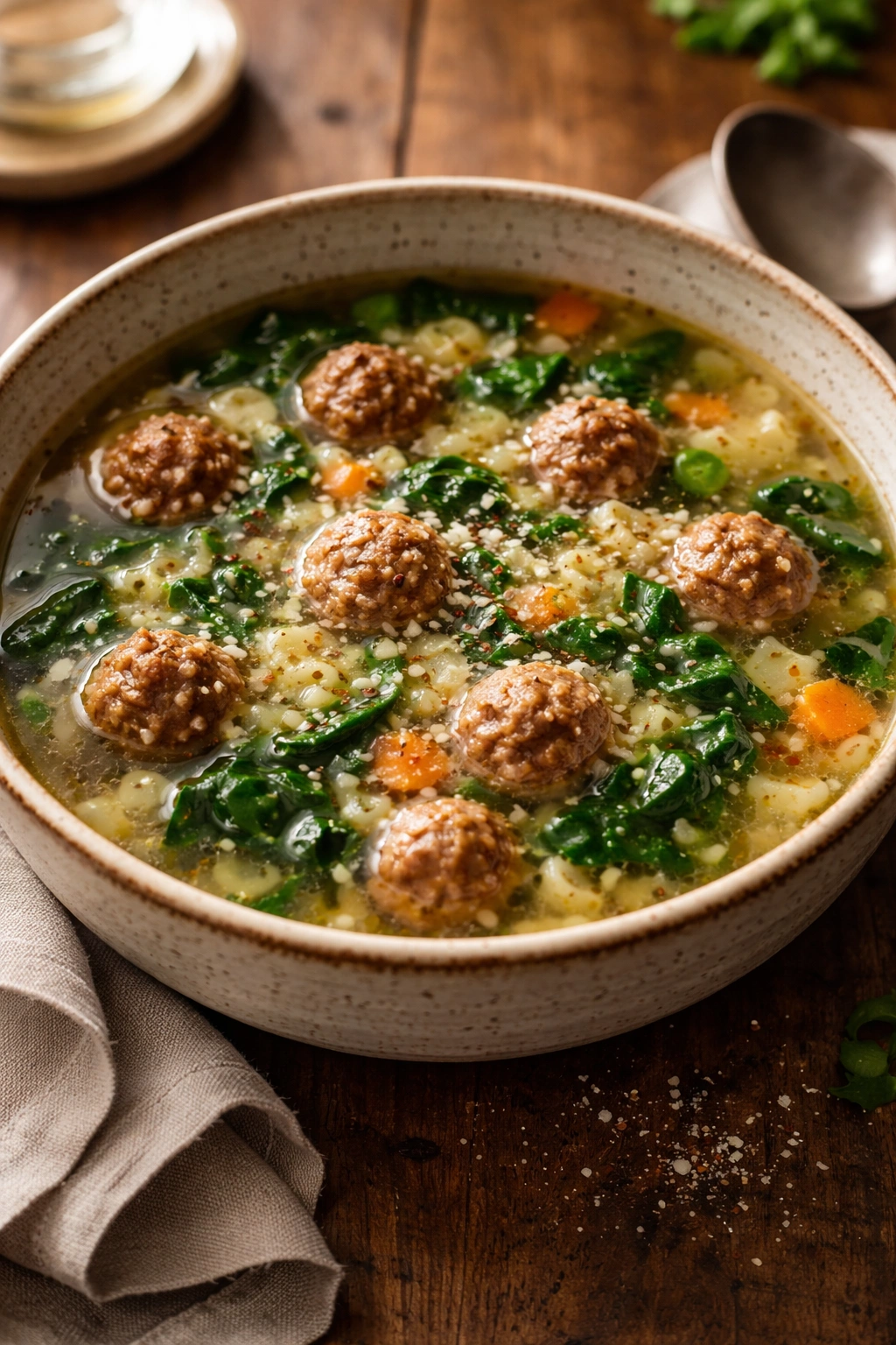 Bowl of Italian wedding soup with meatballs greens and pasta