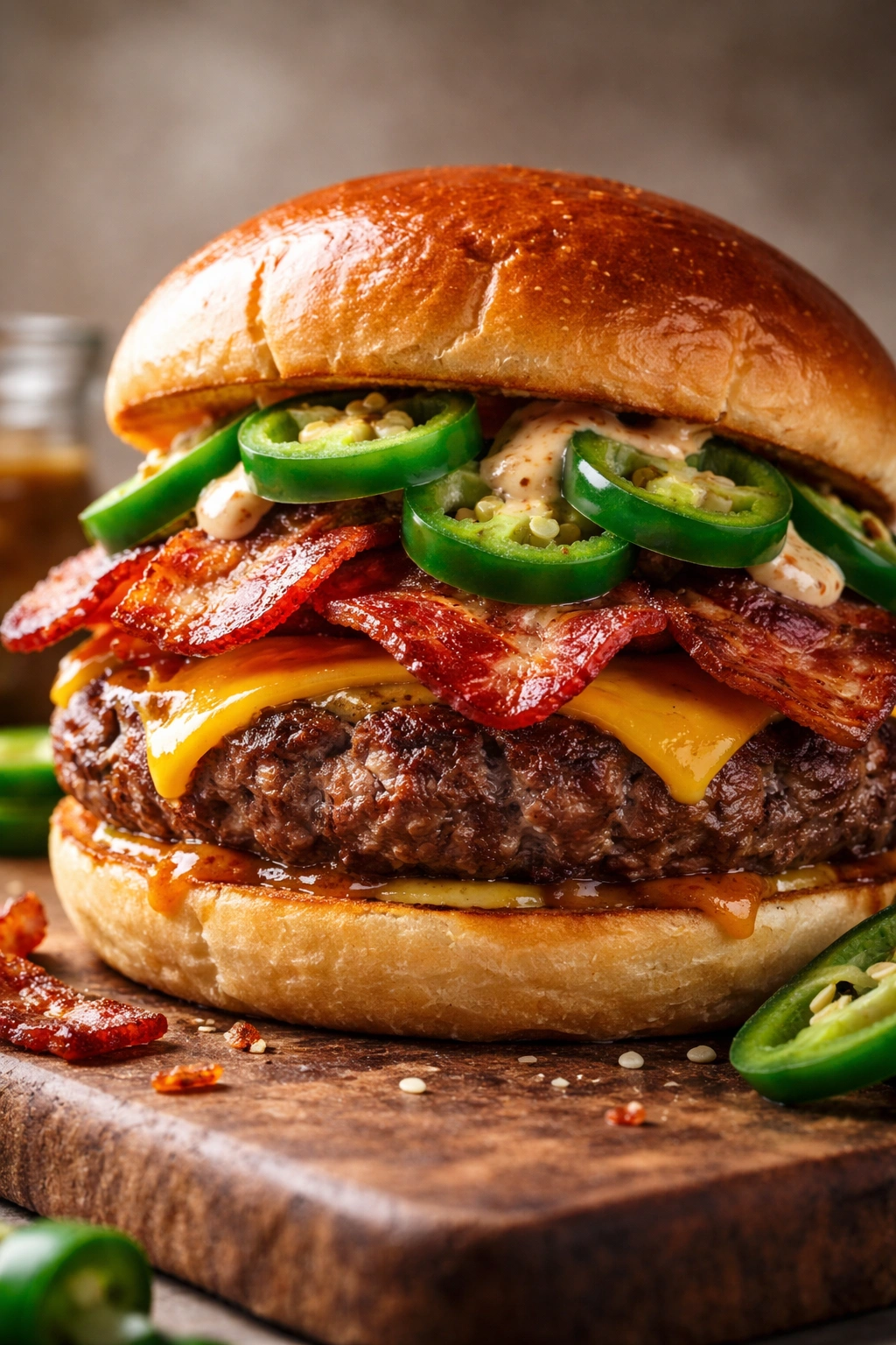 Burger with jalapeño slices and crispy bacon on a glossy bun