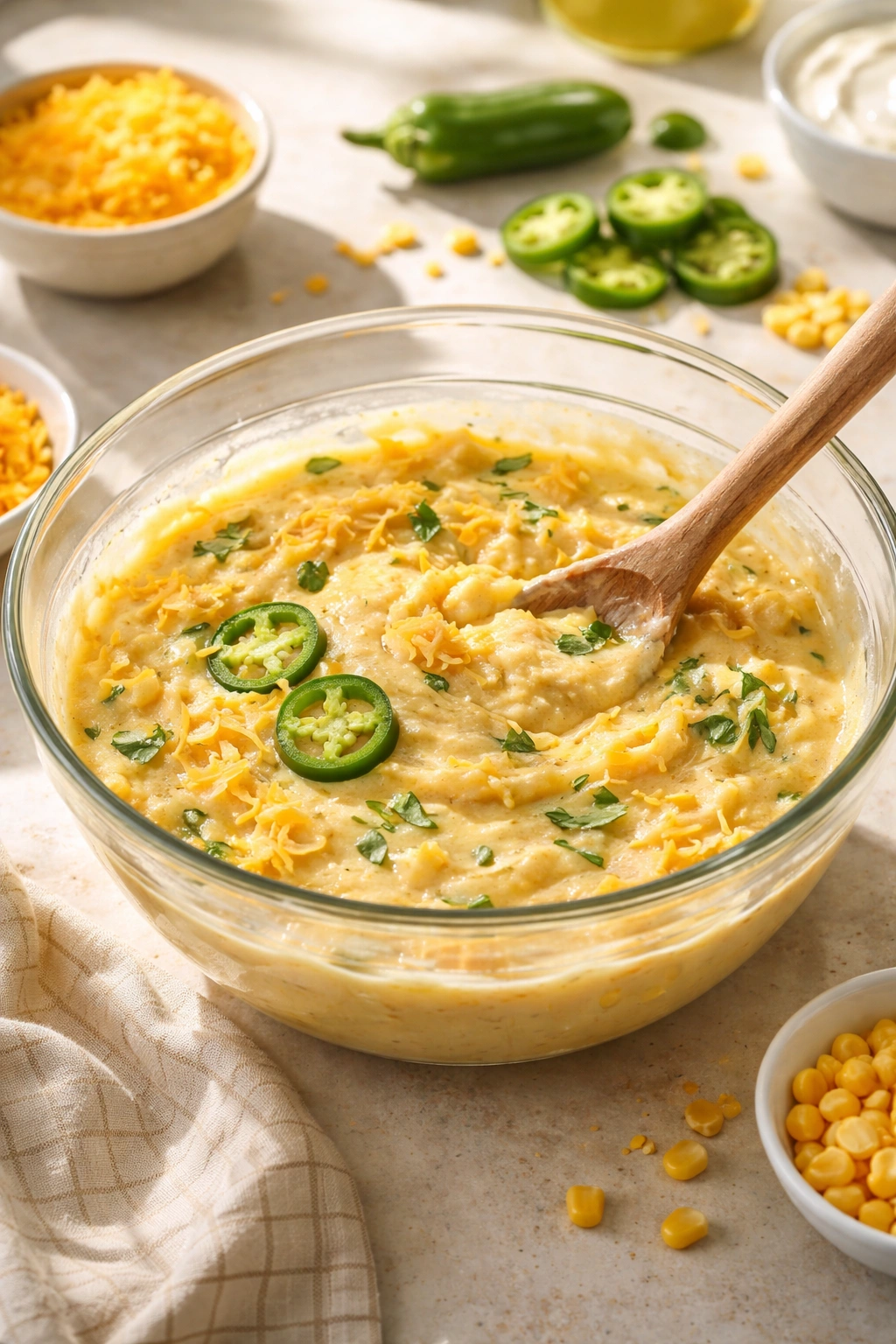 Jalapeño and cheddar visible in cornbread batter