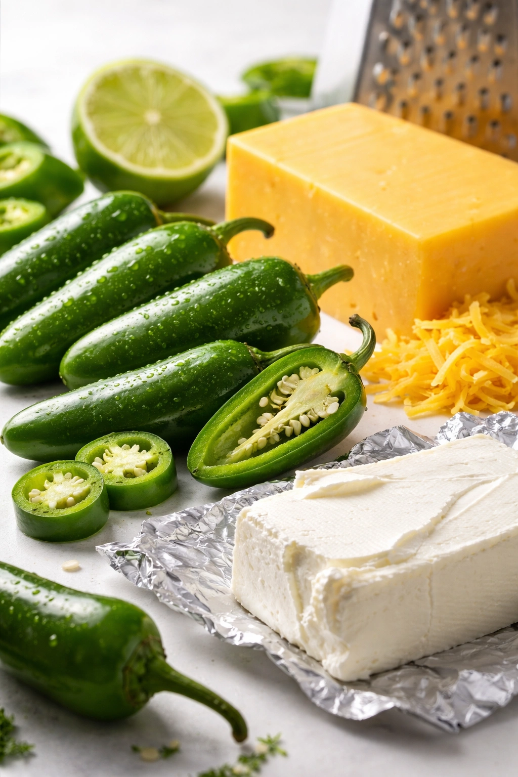 Fresh jalapeños, cheddar, cream cheese, and lime arranged for a quality-ingredients visual