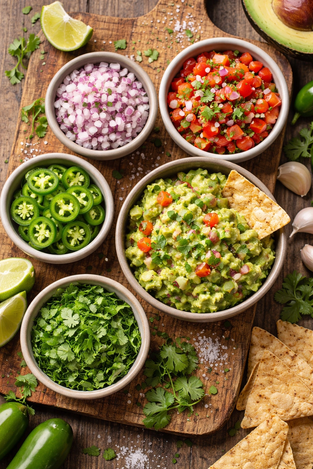 Assorted guacamole variations with different mix-ins in small bowls