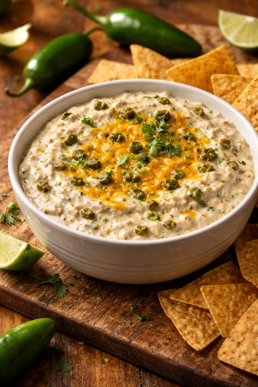 Close-up of creamy jalapeño dip with roasted peppers and cheddar in a bowl