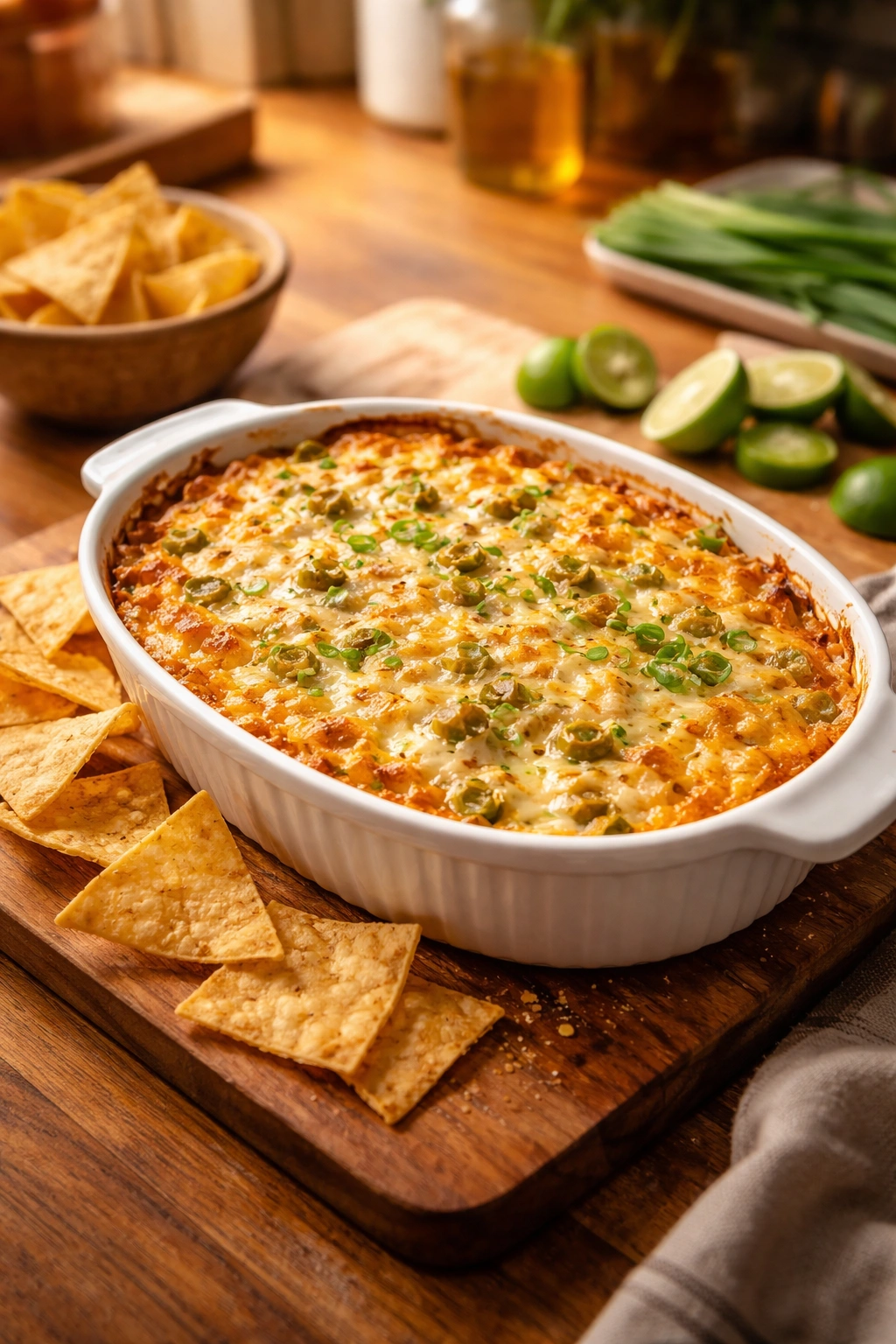 Baking dish of jalapeño dip with chips in a warm kitchen setting