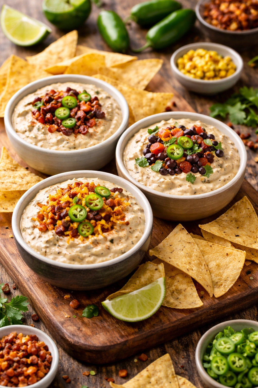 Three small bowls showing jalapeño dip variations on a wooden board
