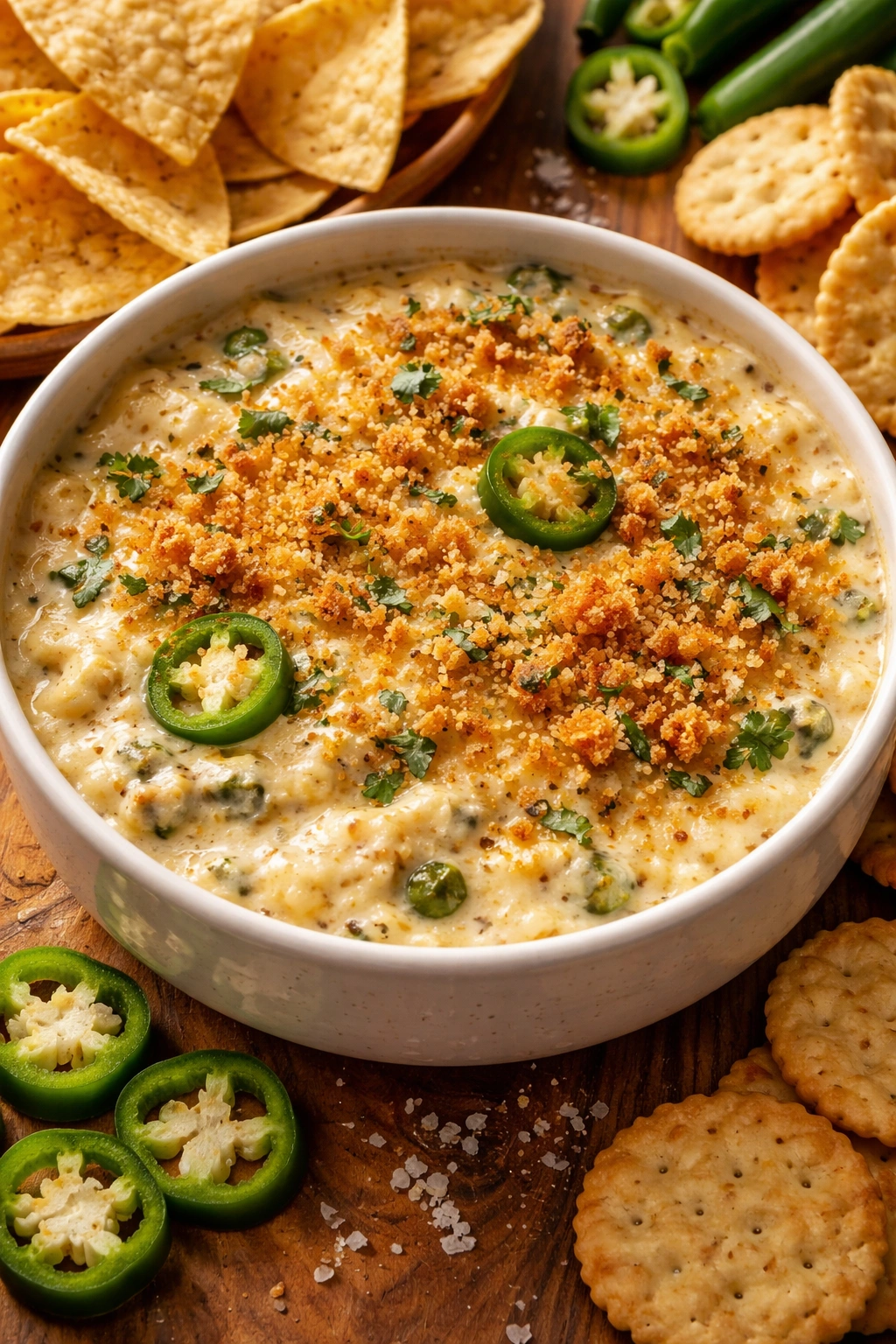 Creamy jalapeño dip in a bowl with salt and breadcrumb topping on wood, warm lighting
