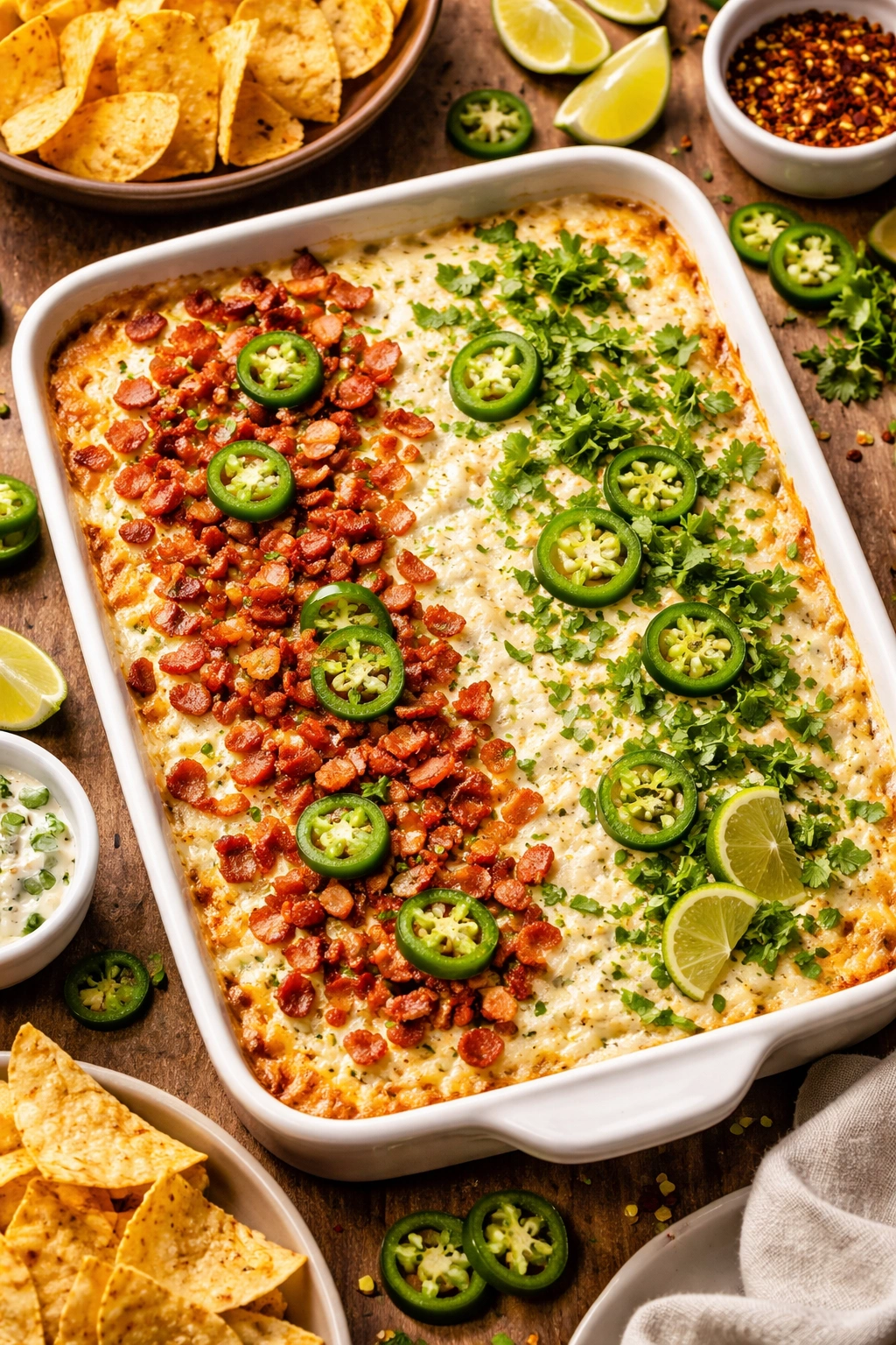Close-up of jalapeño dip with bacon and cilantro variations in a baking dish