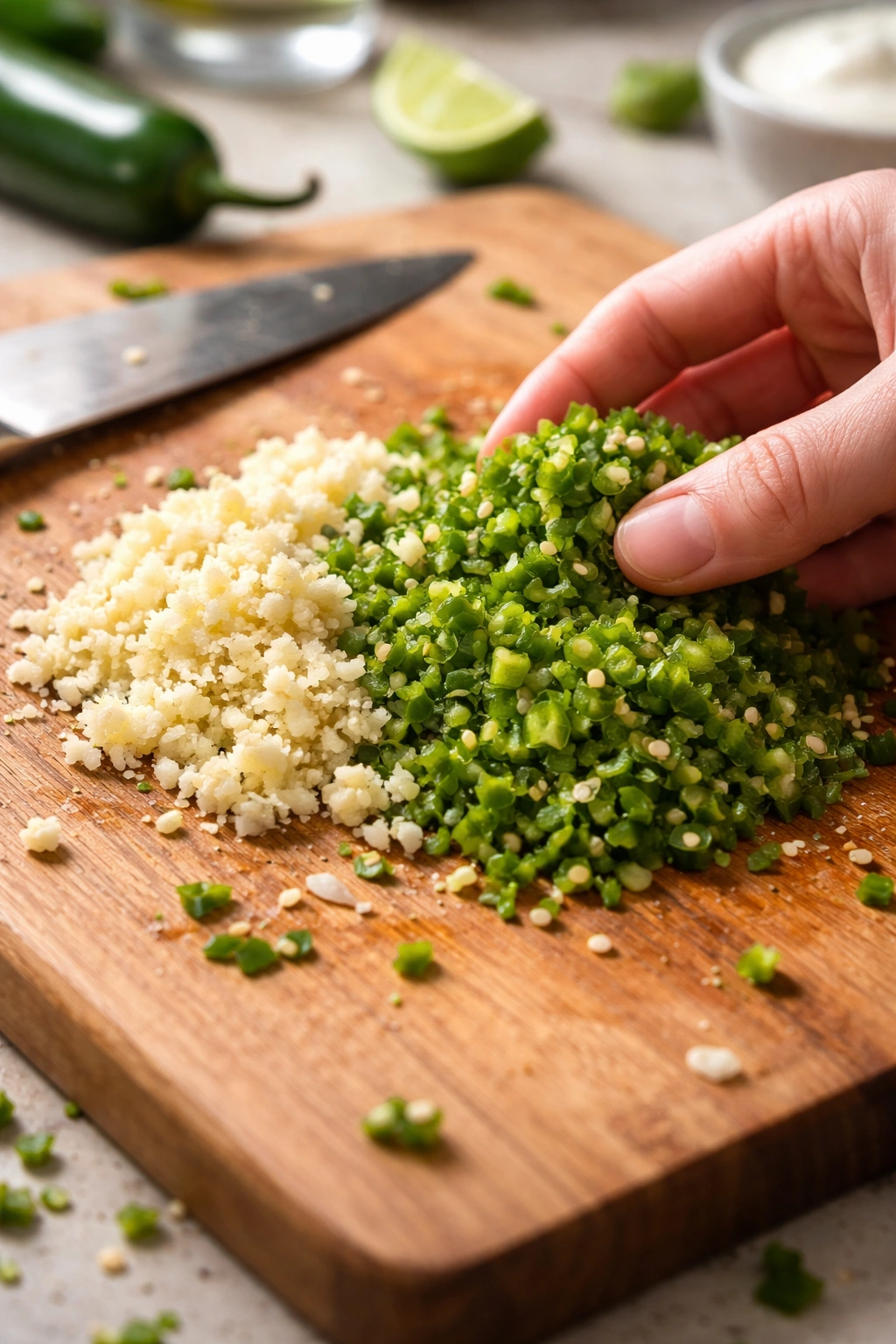Minced jalapeños and garlic on cutting board prepared for dip