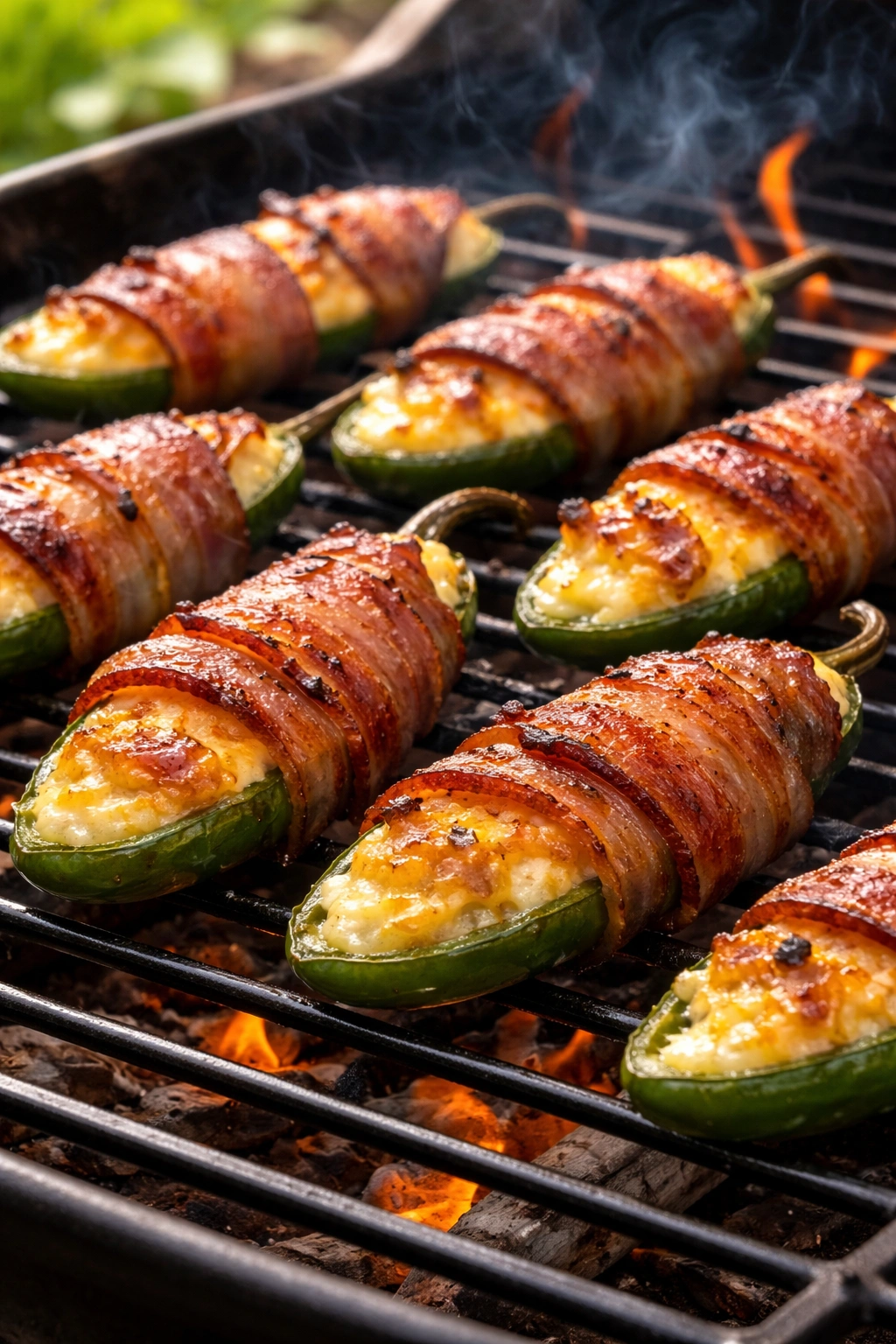 Halved jalapeños filled with cheese and bacon-wrapped, ready on a grill
