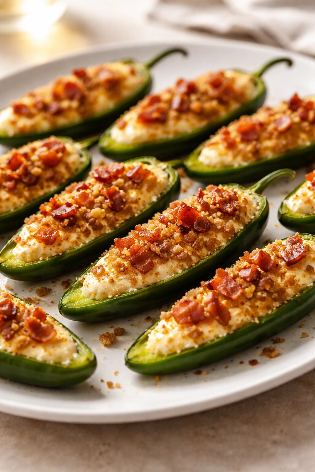 Halved jalapeño poppers with cream cheese filling and bacon on a plate