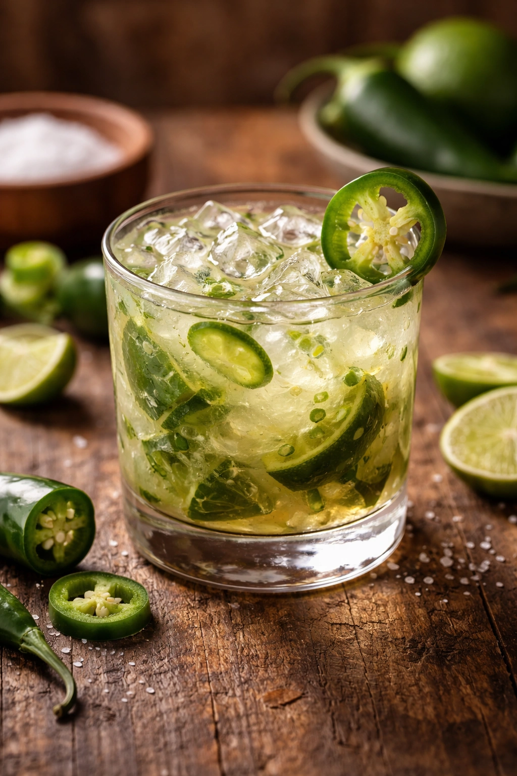 Jalapeño Tequila Smash in rocks glass with jalapeño wheel