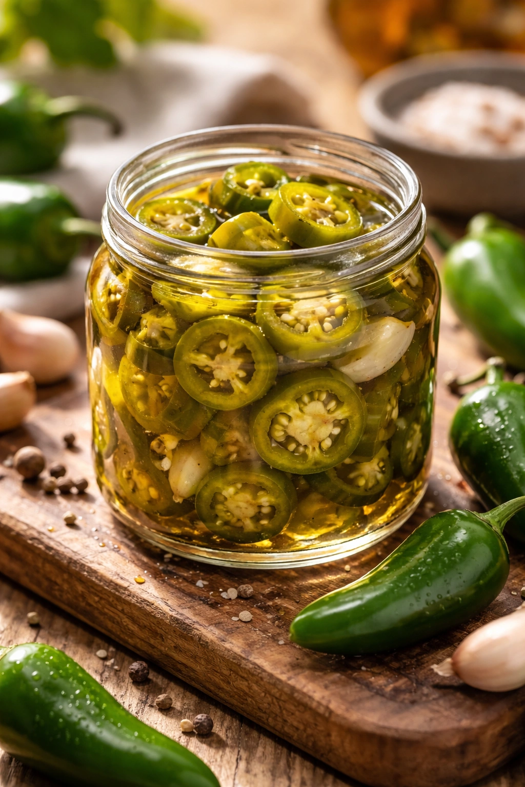 Close-up of glossy pickled jalapeños in brine on a wooden board