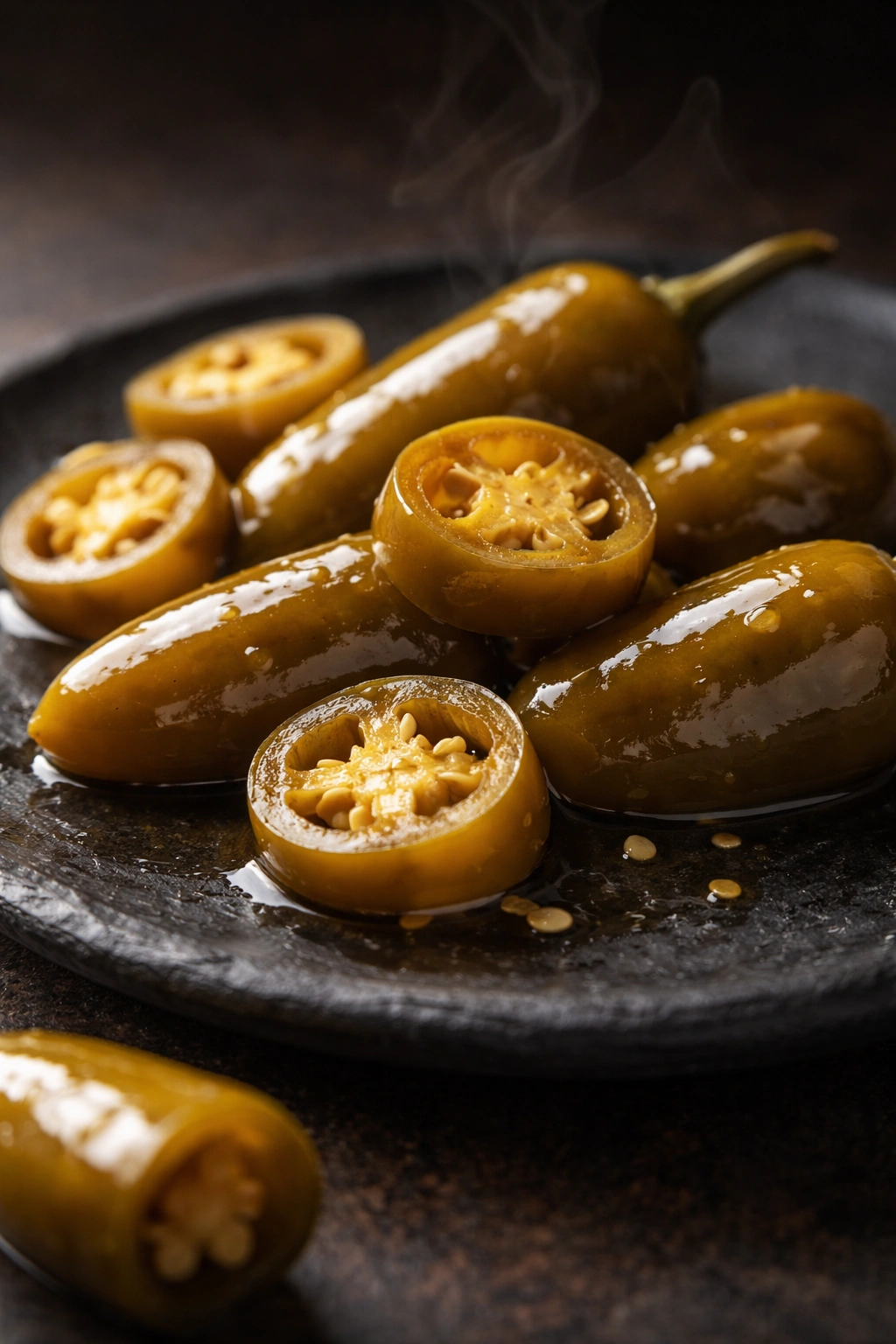 Group of pickled jalapeños on a dark slate plate
