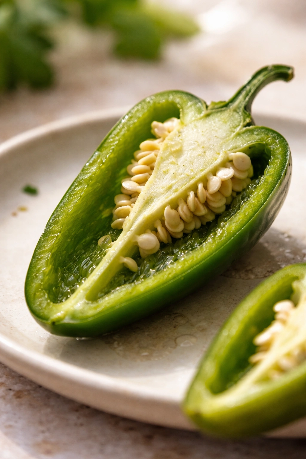 Cross-section of jalapeño showing seeds and interior