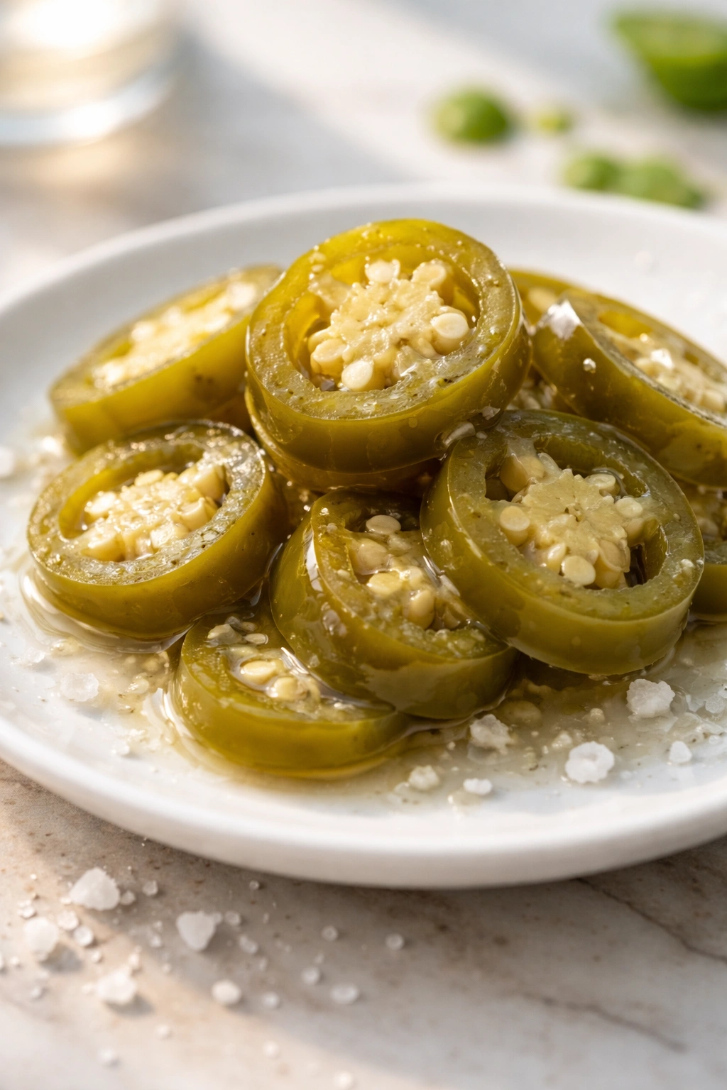 Pickled jalapeños on plate with salt crystals to imply electrolytes