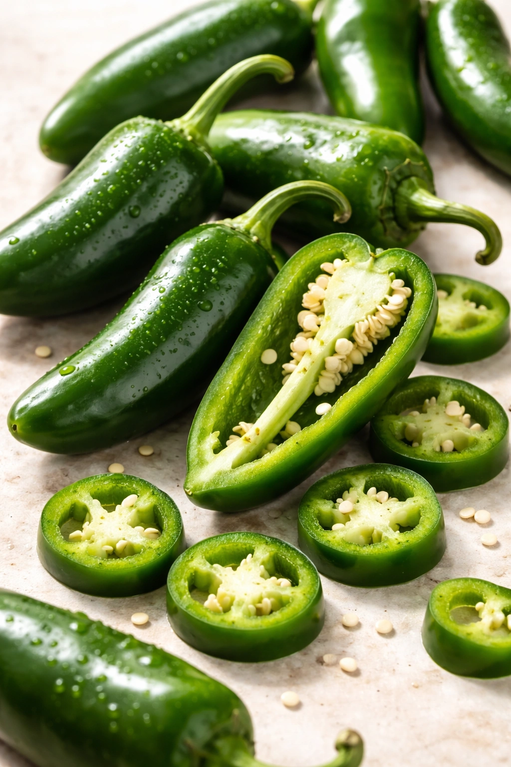 Fresh jalapeños whole and sliced on neutral background