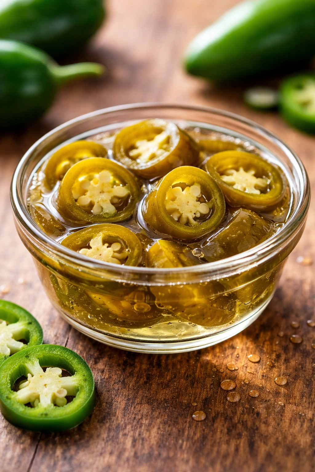 Glass bowl of pickled jalapeños in brine highlighting fermentation