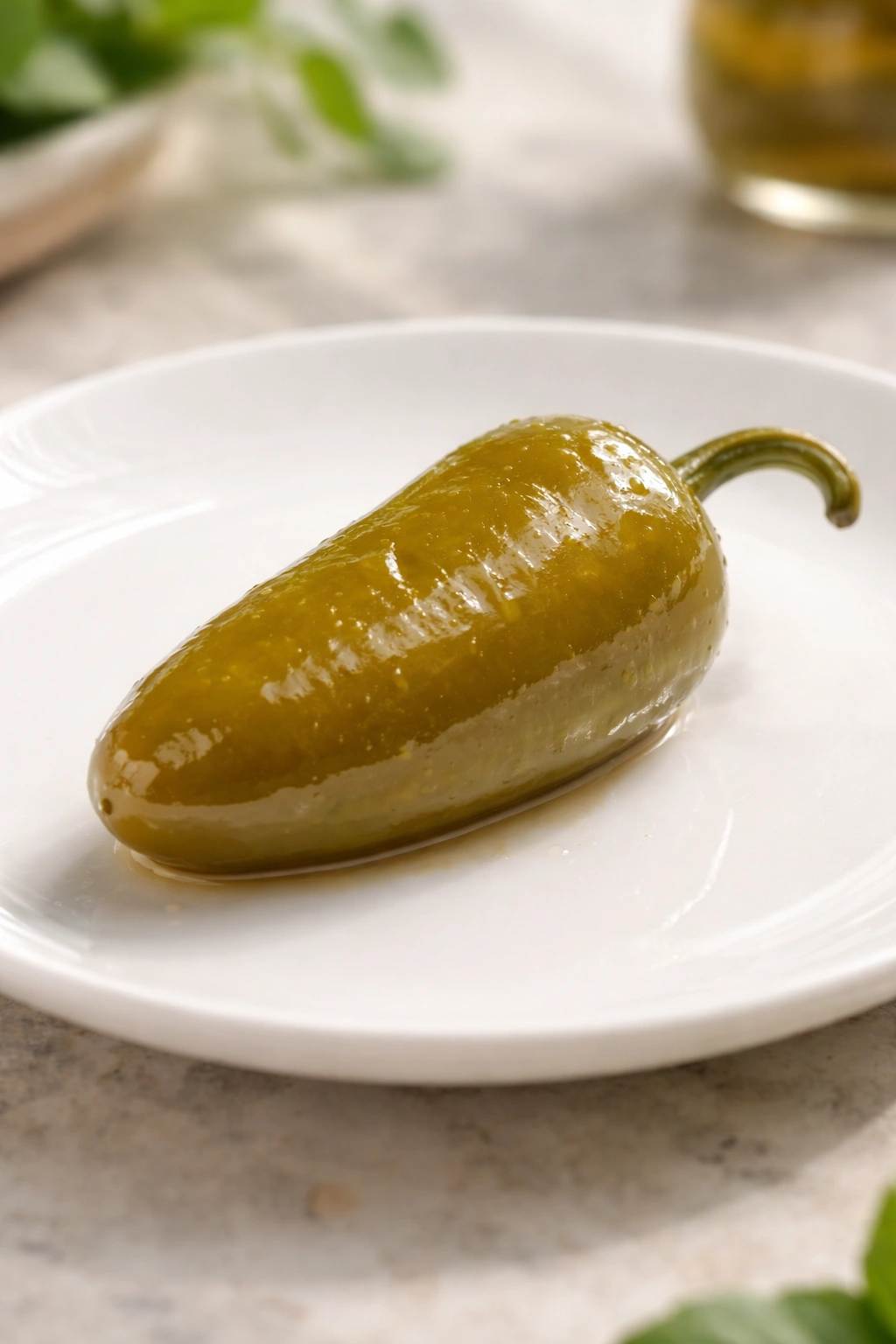 Single pickled jalapeño on white plate with soft lighting