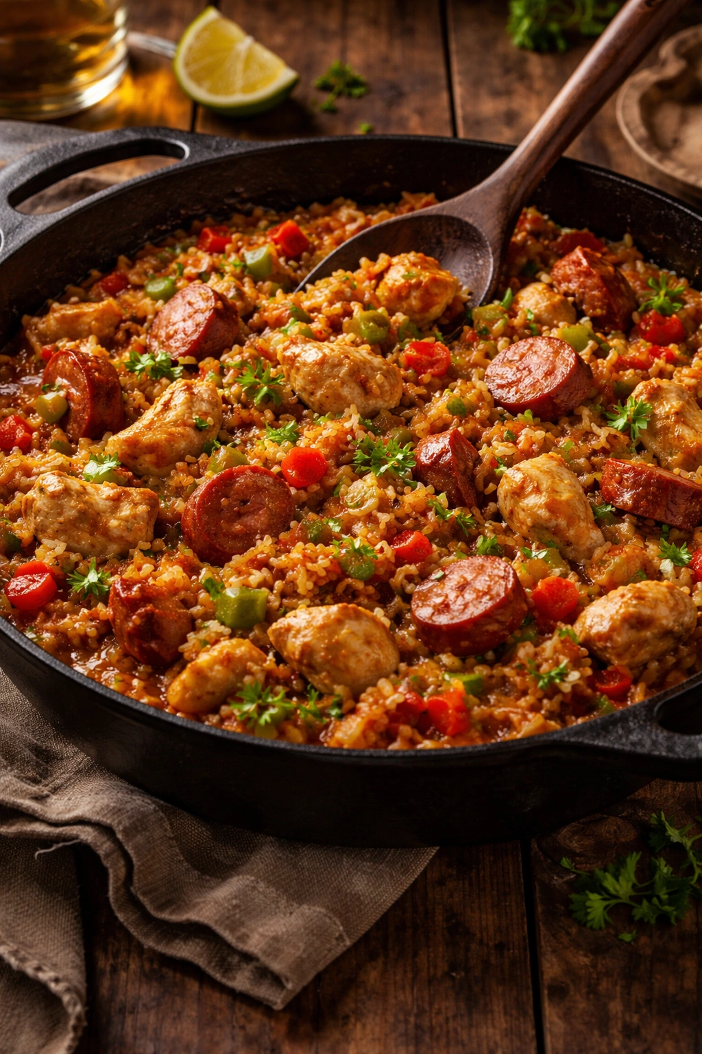 Jambalaya in a rustic cast-iron skillet with sausage and chicken