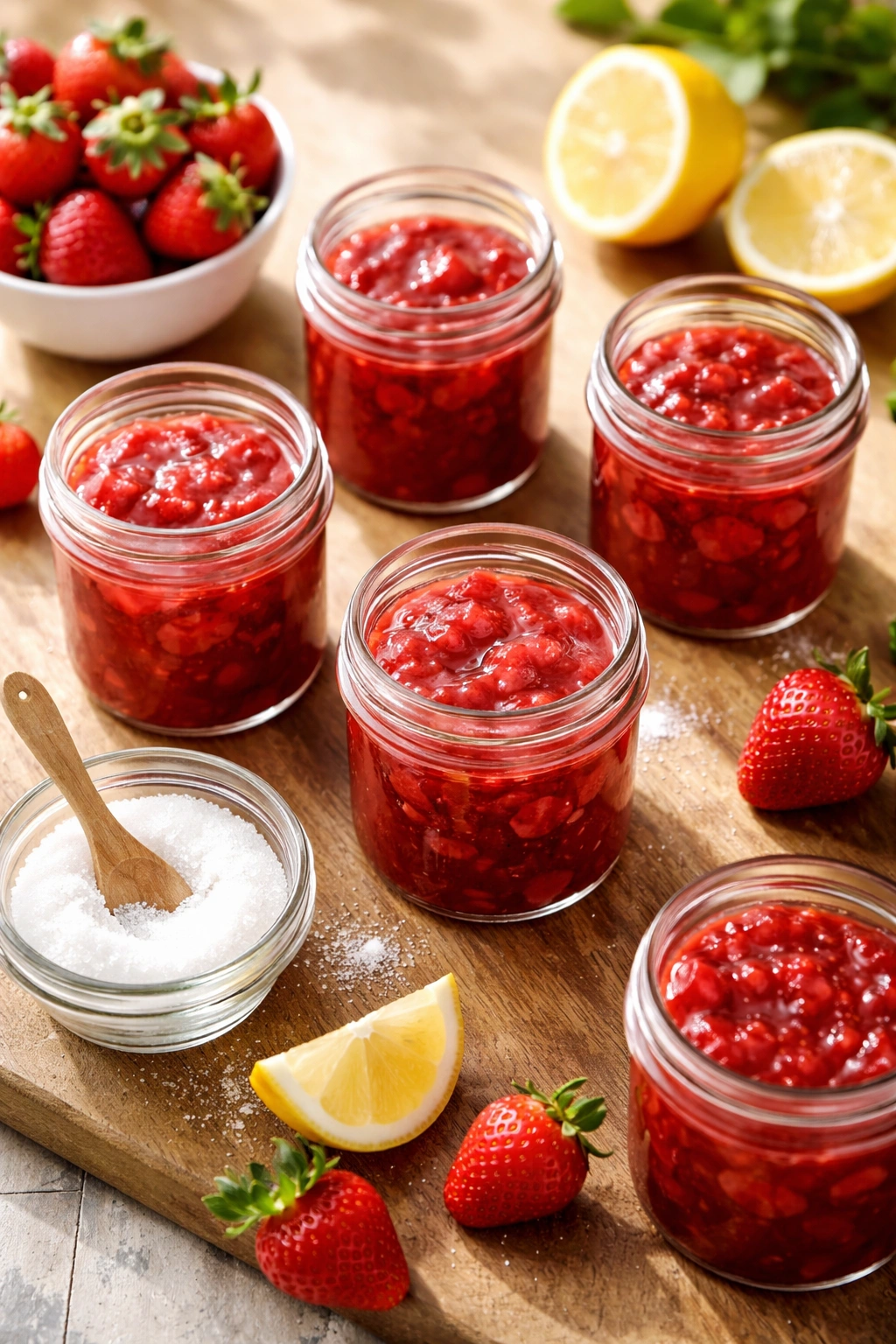 Clear jars of strawberry jam on a wooden counter