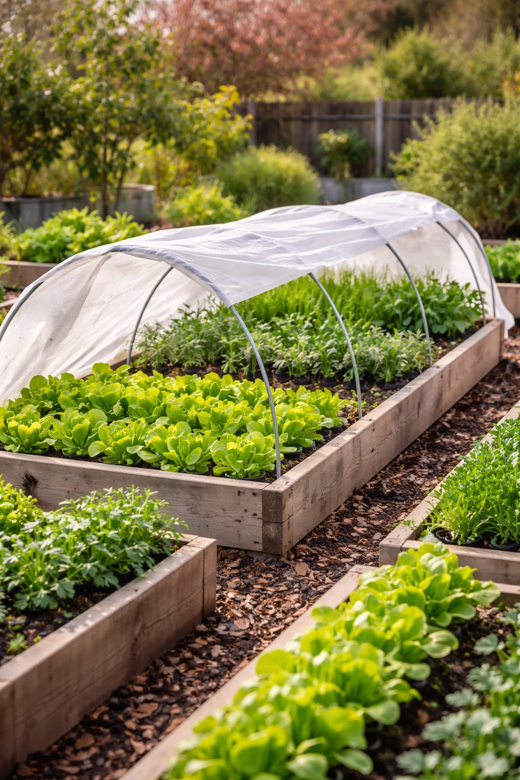Close-up of a winter garden bed with lettuce and herbs under row cover illustrating January garden tips