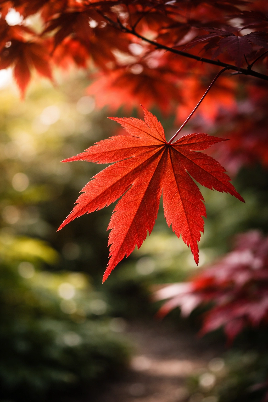 Close-up of a delicate Japanese maple leaf in red with a blurred garden background