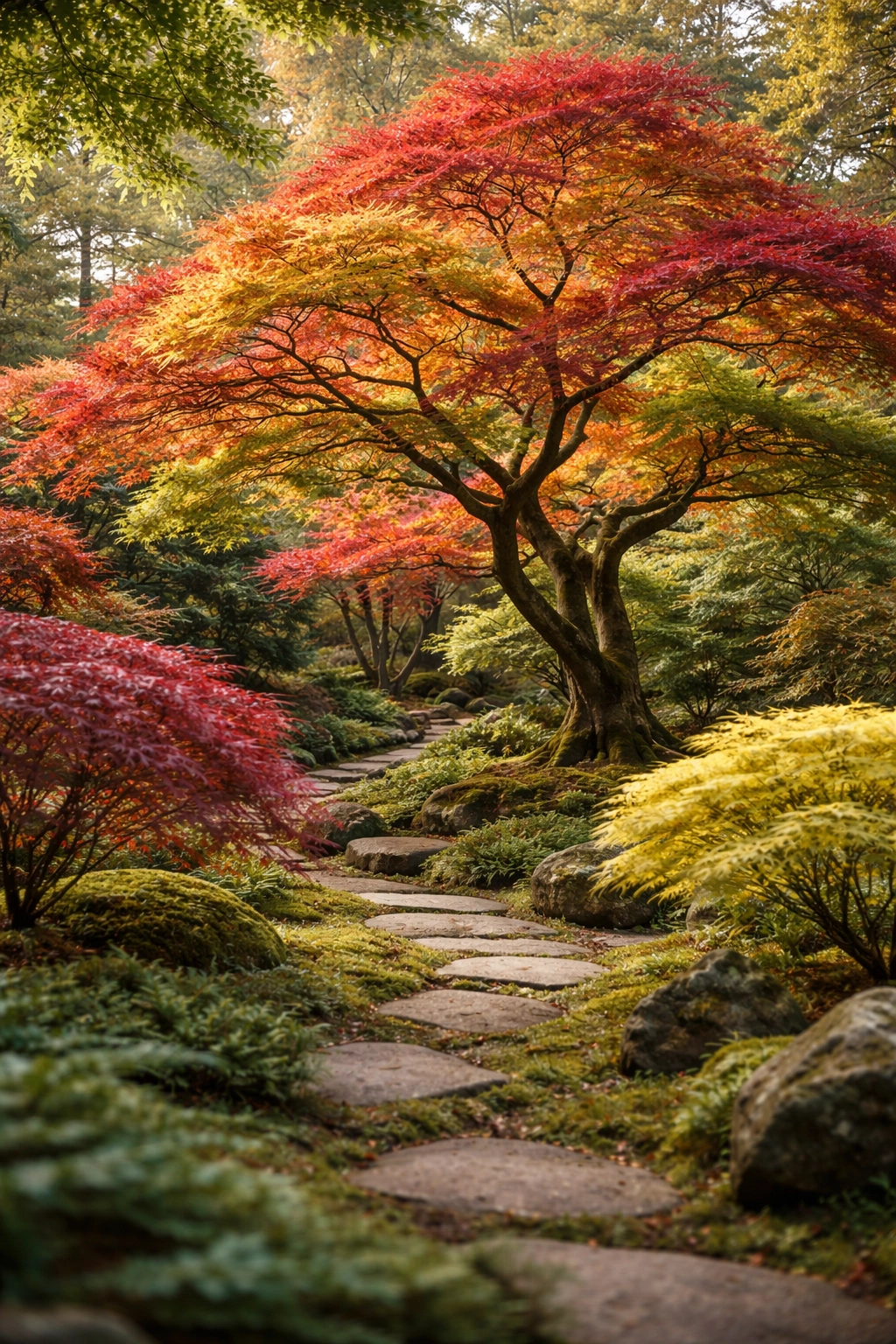 Japanese maple tree with hand-shaped leaves in autumn colors in a serene garden