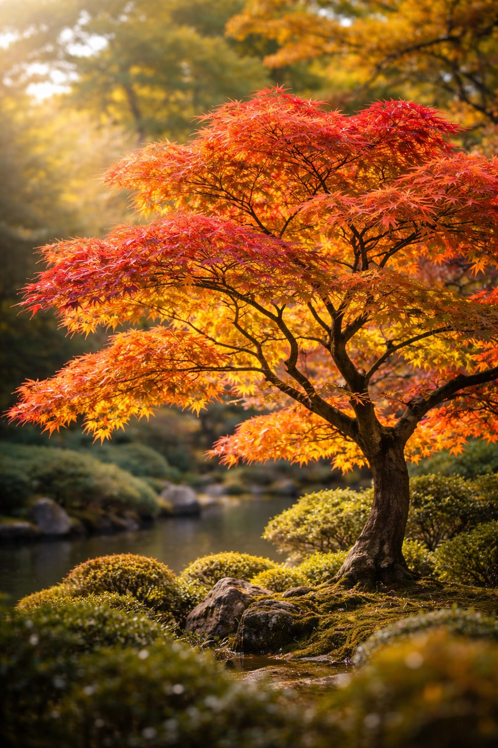 Close-up of a Japanese maple's hand-shaped leaves in autumn colors