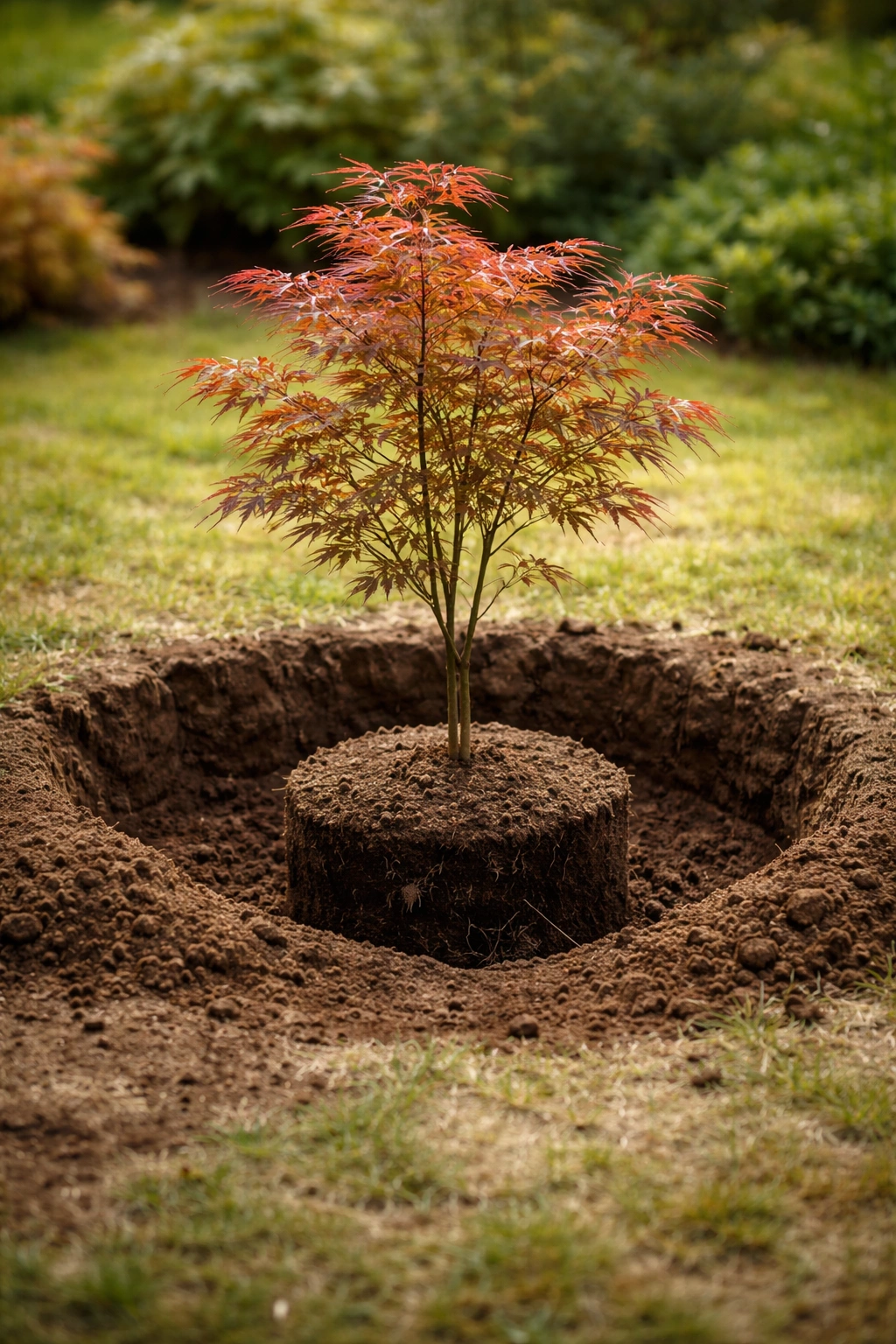 Young Japanese maple sapling planted in a wide hole