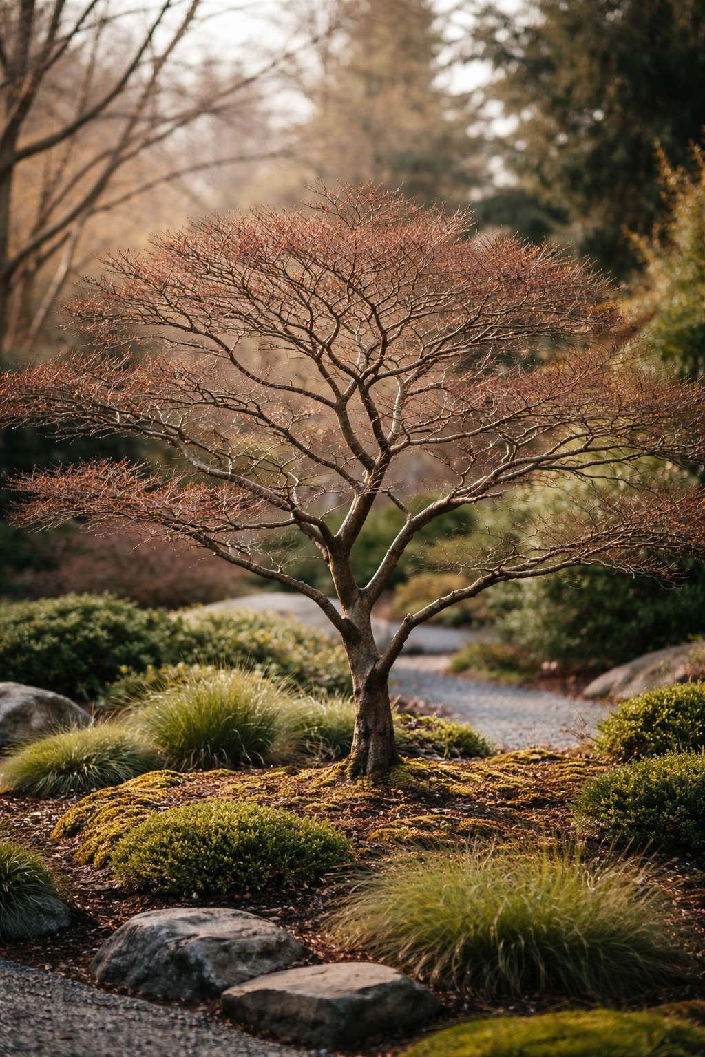 Side-profile view of a pruned Japanese maple showing open structure