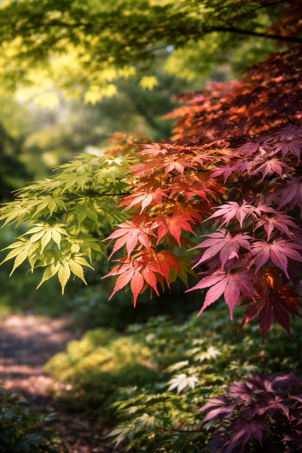 Close-up of Japanese maple leaves showing color variation due to light