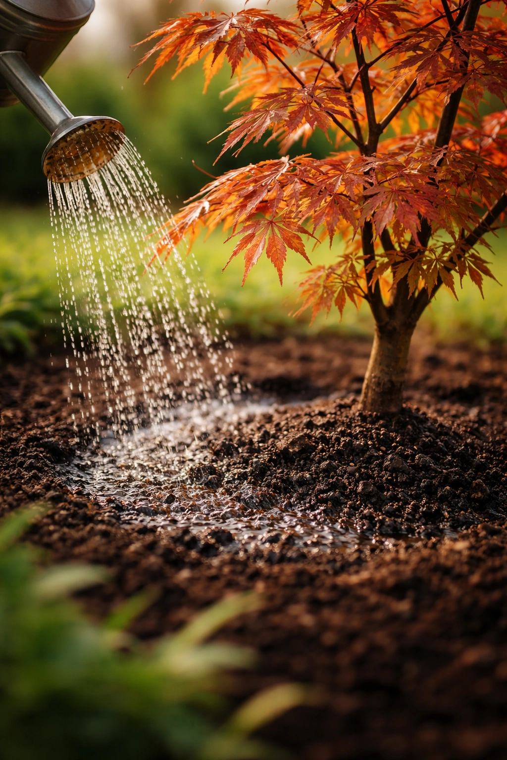 Young Japanese maple with moist soil around root ball