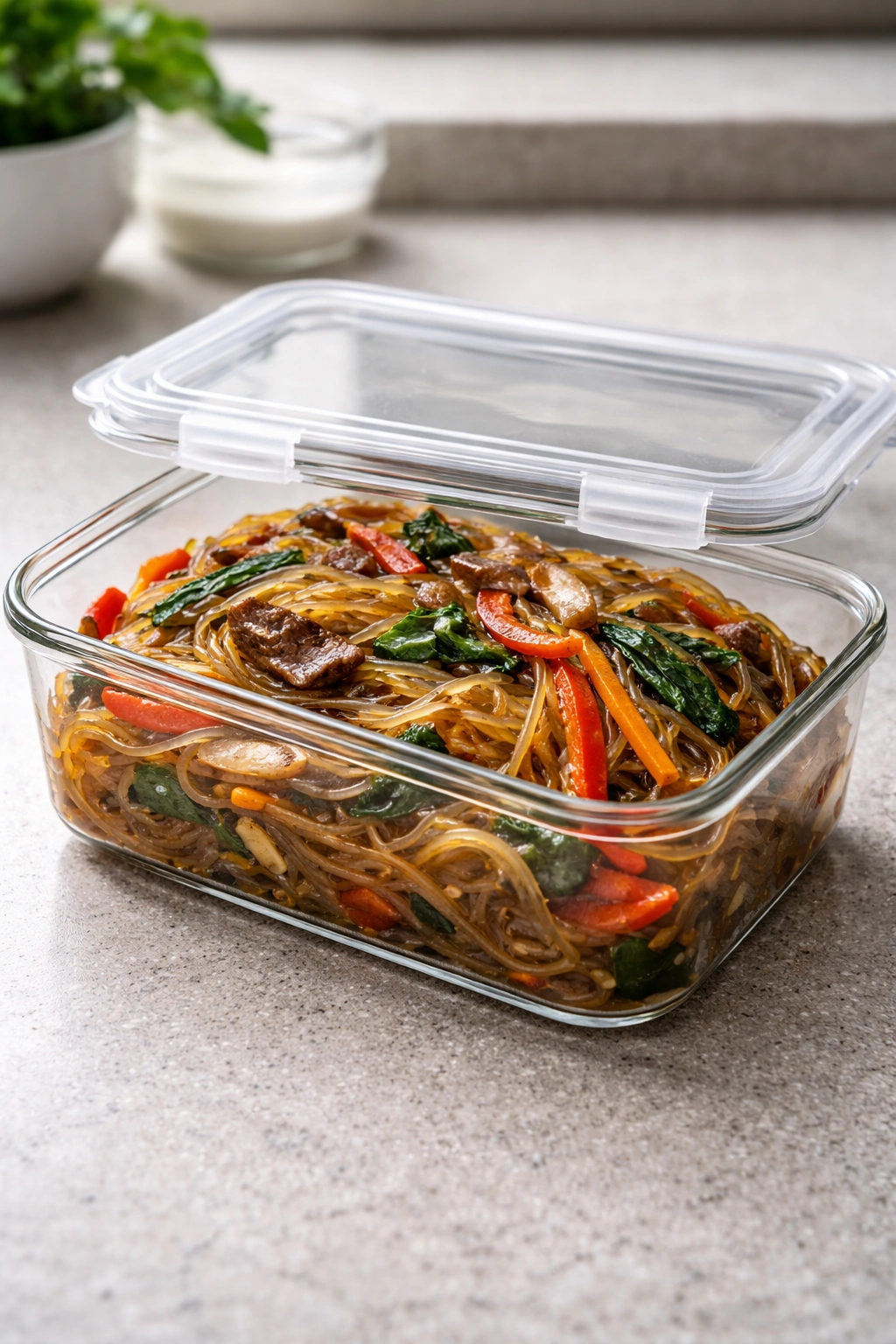 Airtight container filled with japchae on a kitchen counter