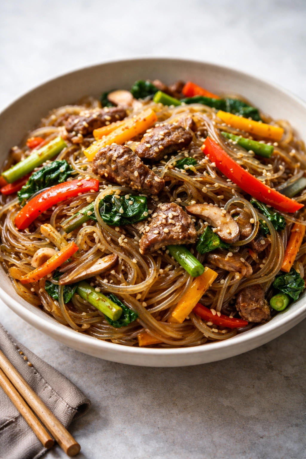 Japchae with vegetables and beef plated on a simple dish