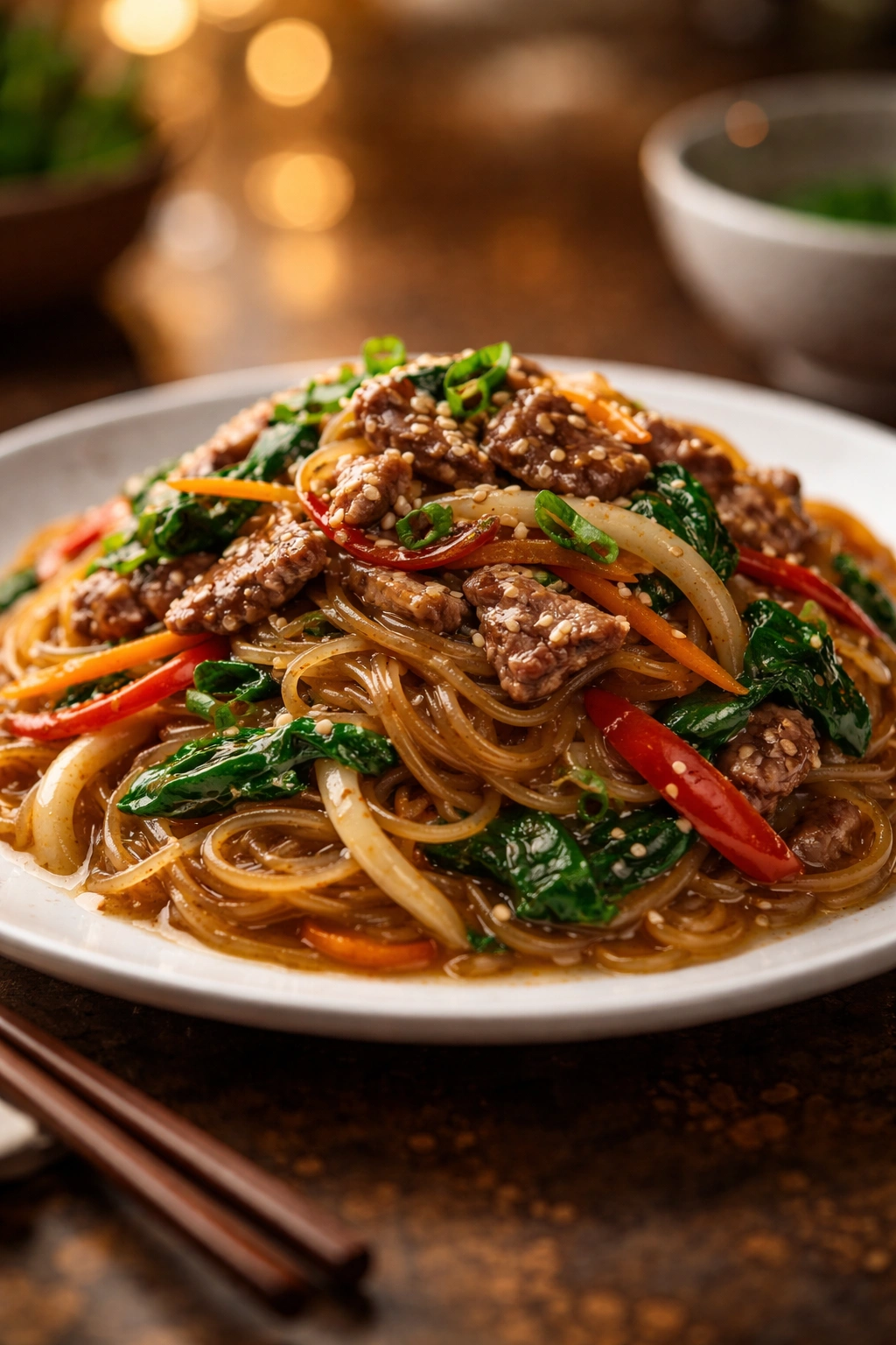 Elegant japchae plated with warm lighting and soft background