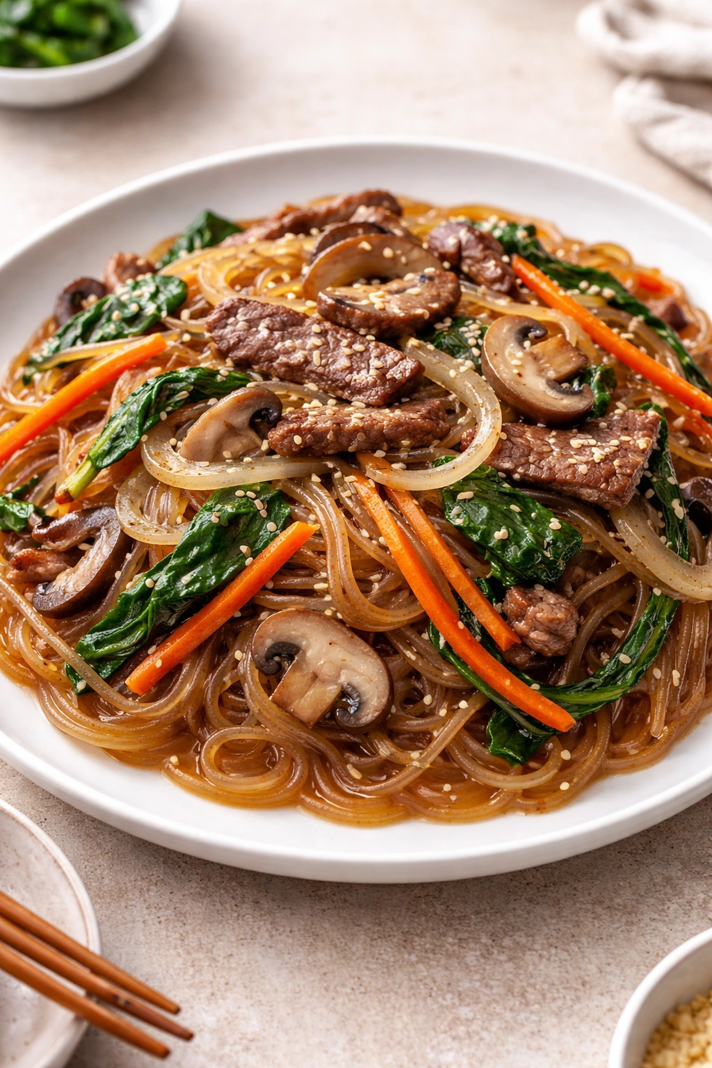 Close-up of japchae noodles with vegetables on a white plate