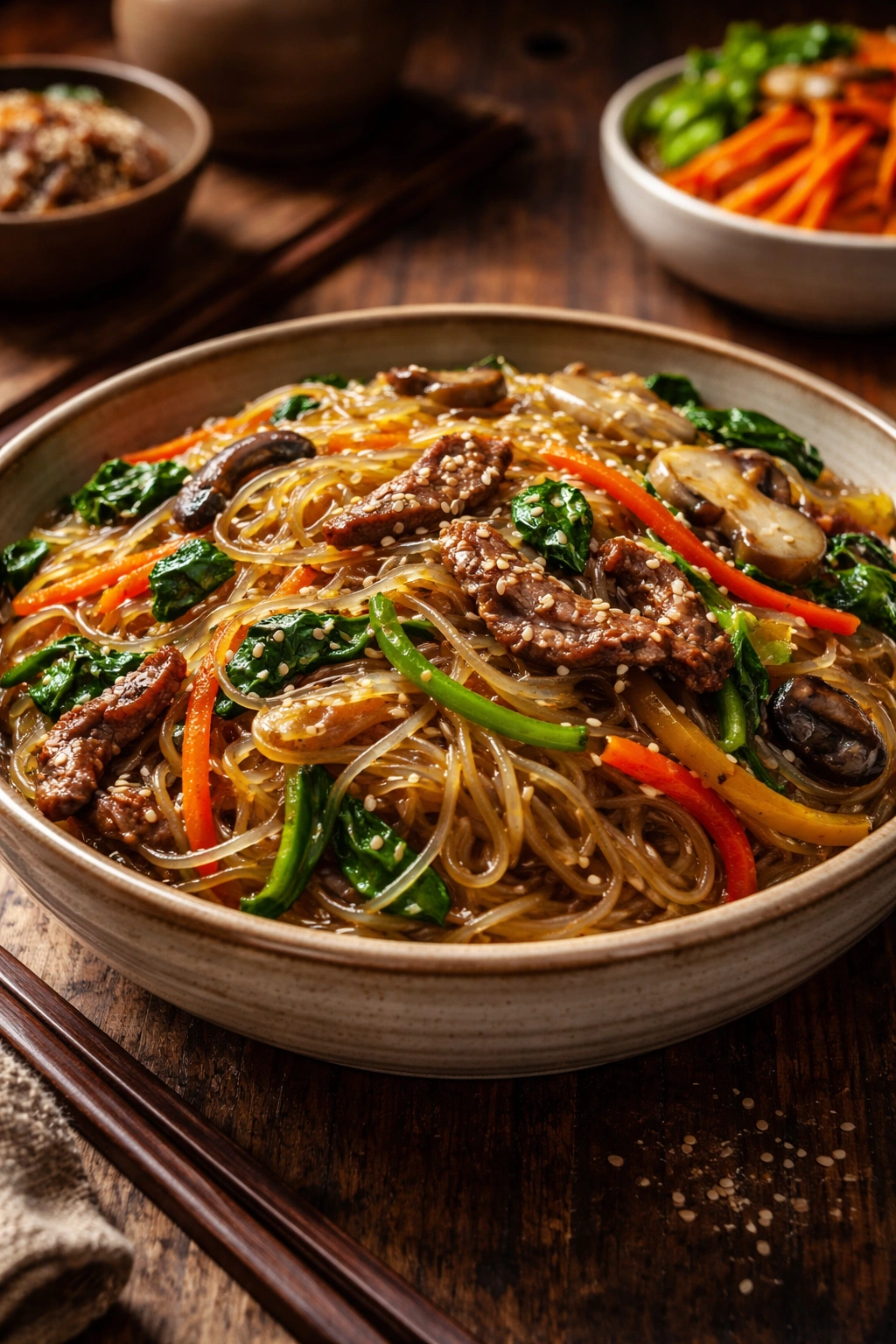 Traditional japchae in ceramic bowl with vegetables