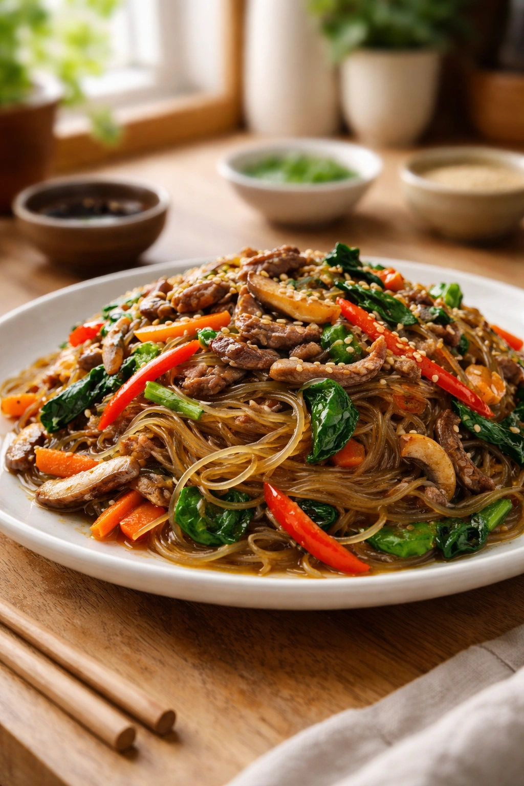 Japchae dish with glossy noodles and colorful vegetables on a plate in a home setting
