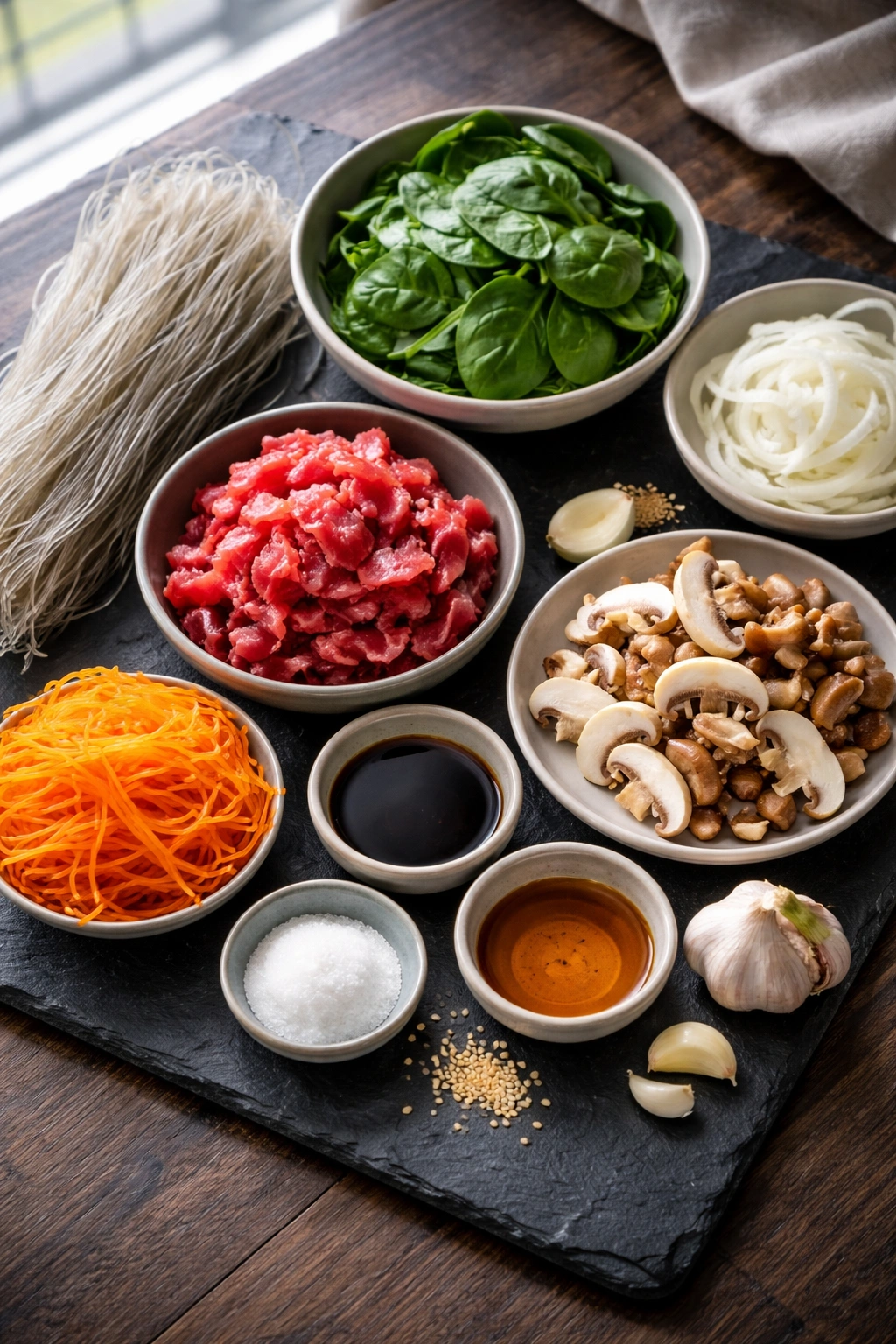Assorted japchae ingredients laid out on dark board
