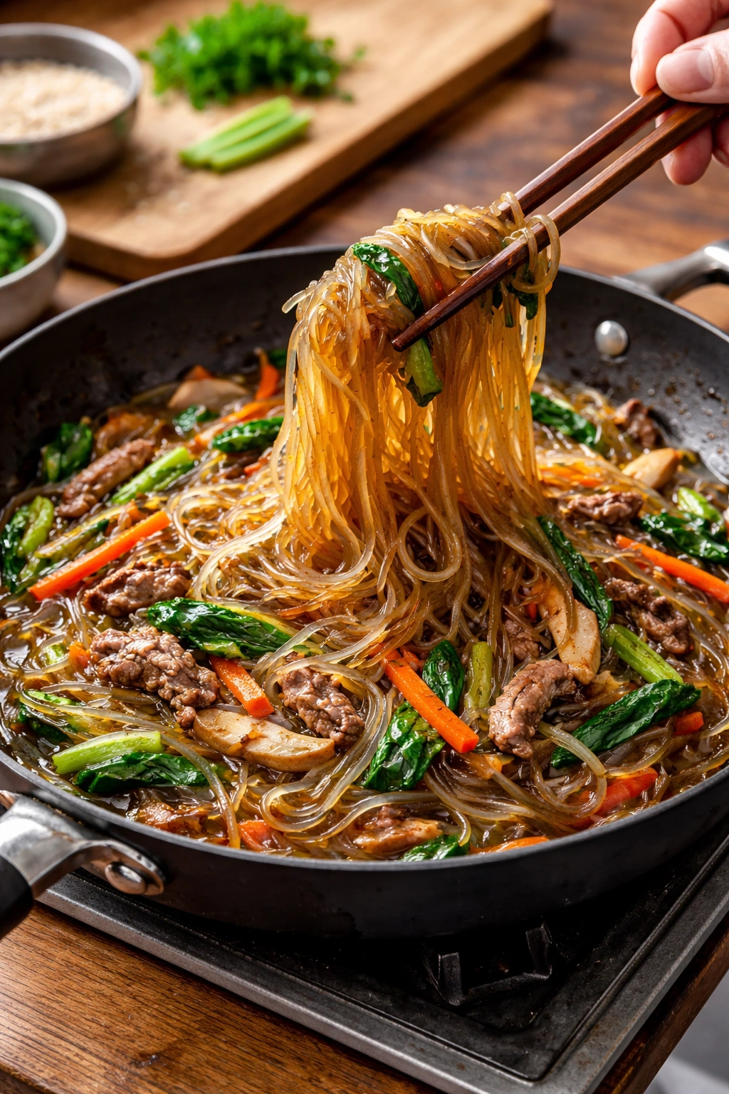 Noodles being tossed in a pan with sauce