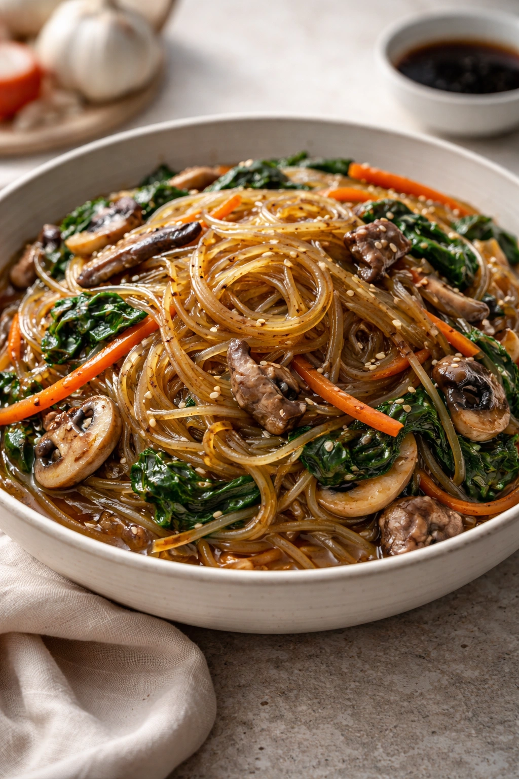 Close-up of japchae noodles with vegetables in a bowl
