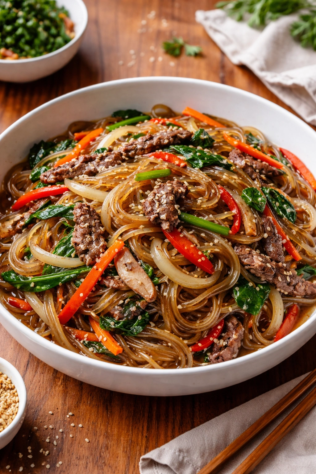 Close-up of glossy japchae noodles with colorful vegetables in a white bowl