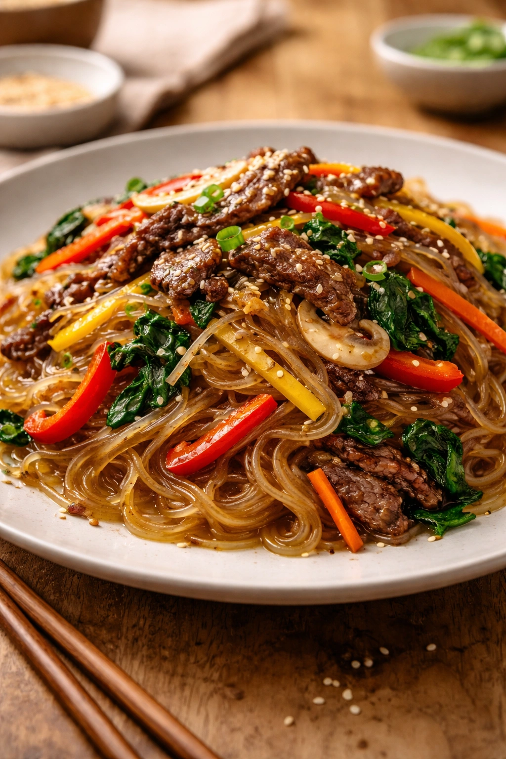 Japchae plated with vegetables and beef on a neutral plate