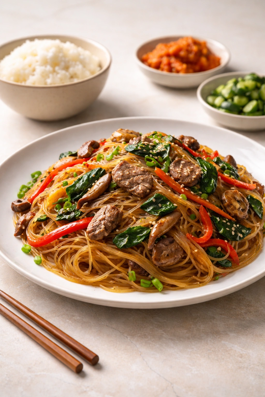 Elegant plated japchae with colorful vegetables