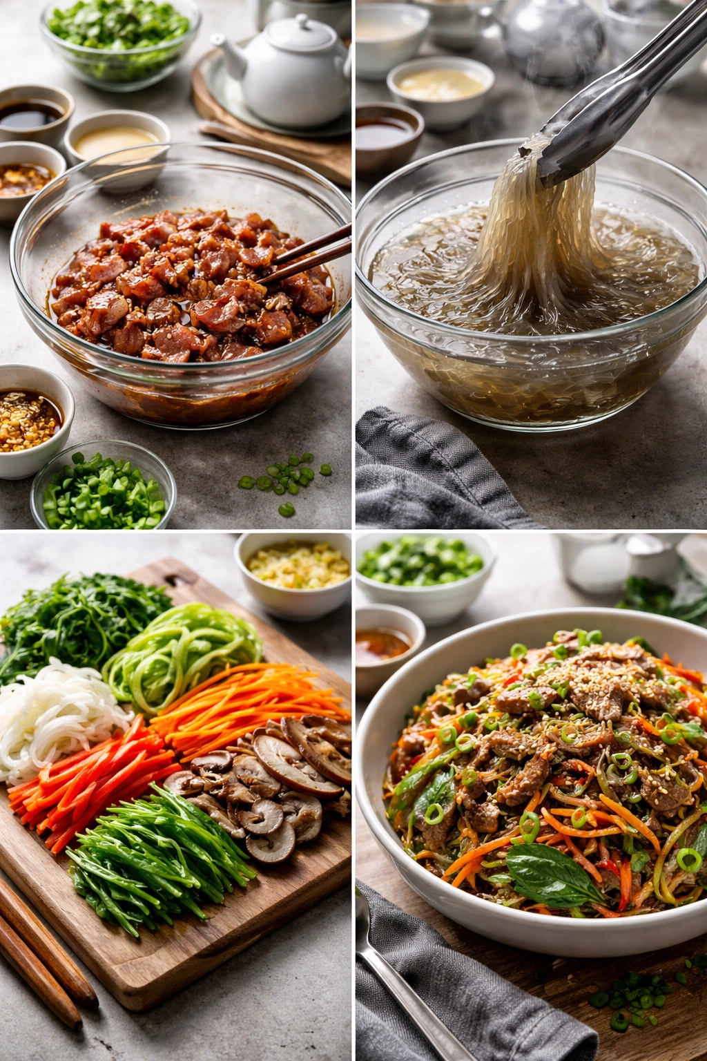 Step-by-step montage of japchae preparation stages