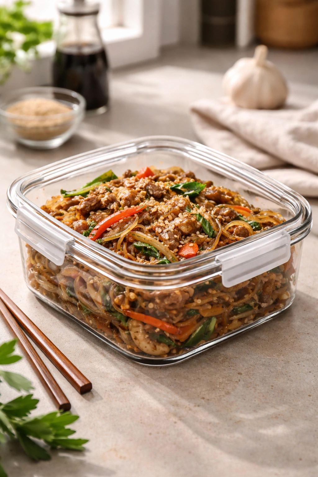 Japchae stored in airtight container on countertop