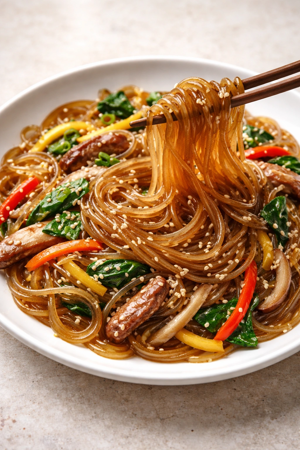 Glossy japchae noodles coated in sauce on a plate